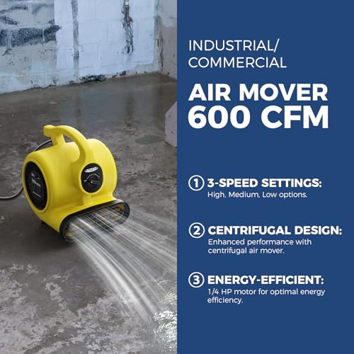 600 CFM Air Mover Blower Fan - Yellow, 3-Speed Portable Floor Fan