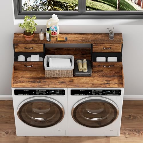 Unionly 2-Tier Washer and Dryer Countertop with Fabric Drawers - Rustic Brown