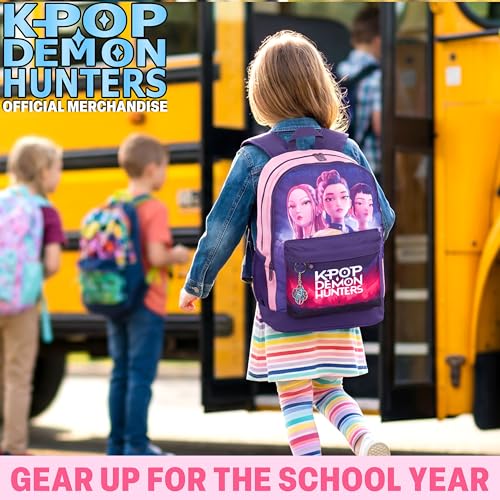 Get Trend KPop Demon Hunters Backpack for Girls - Purple/Pink, 18in Official Bookbag with Adjustable Padded Straps, Lightweight School & Travel Bag