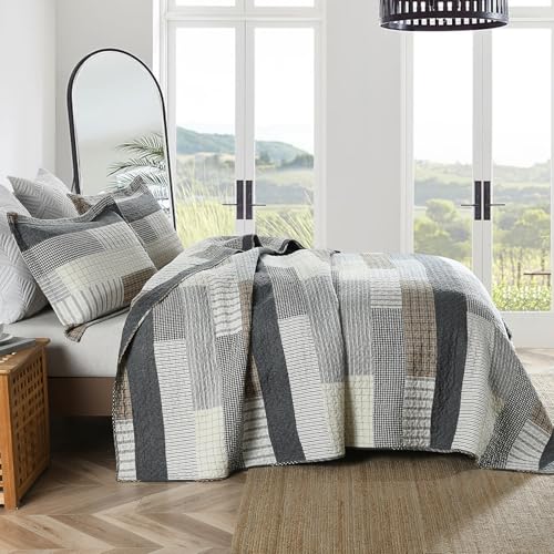 Queen Size Cotton Quilt Set with Striped Shams - Dark Grey, 3-Piece Bedding