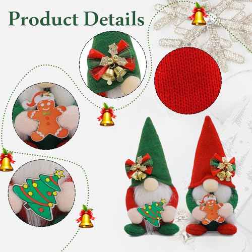 Set of 2 Christmas Gnomes Plush Decorations - Handmade Nordic Tomte Gnome Figures with Gingerbread & Tree Ornaments - Swedish Red Green Gnomes for Home, Office, and Holiday D?cor