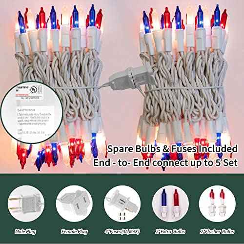 LAMPHOME Patriotic String Lights - Red White Blue Mini Lights with White Wire - 19.6Ft 100 Count UL Certified String Lights for Independence Day Patriotic Holidays Decoration (Red White & Blue)