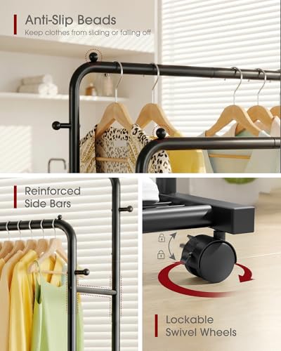 Large Black Double Rod Clothes Rack with Mesh Shelf & Hooks - 28.7 W x 16.5 D x 59.1 H