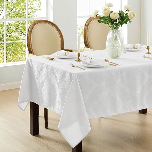 Newbridge Barcelona Damask White Tablecloth 60 x 84 Inch Rectangular - No Iron, Soil Resistant