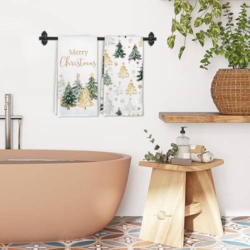 Gold and Green Christmas Tree Kitchen Towels Set of 2 - 16x24 in, DVHDAJED
