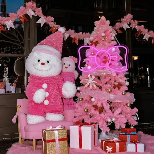 Nuanchu Pink LED Christmas Tree Topper with Bow and Neon Light - Cute Holiday Decor