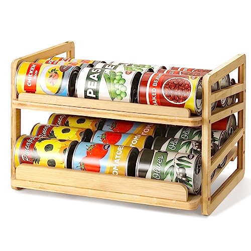 Stackable Bamboo Can Organizer Rack for 24 Cans with Automatic Filling - Kitchen Storage