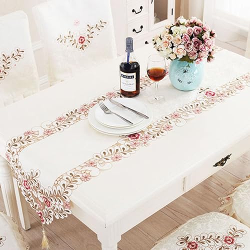 LeLehome 15" X 77" Classic Table Runner, Flowers Embroidery Lace Long Dresser Scarf Floral Cutwork Fabric Table Top Party Wedding Festival Home Decoration - Dark Red Rose