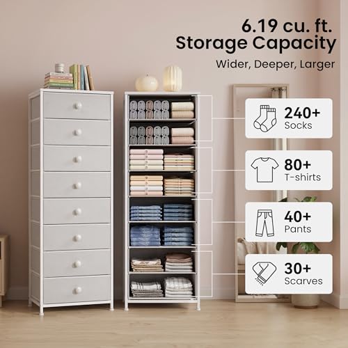 White Fabric Dresser with 8 Drawers - Tall Narrow Vertical Storage Tower