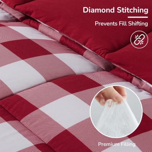 Downluxe Queen Reversible Plaid Comforter Set 3 Pieces - Red & White
