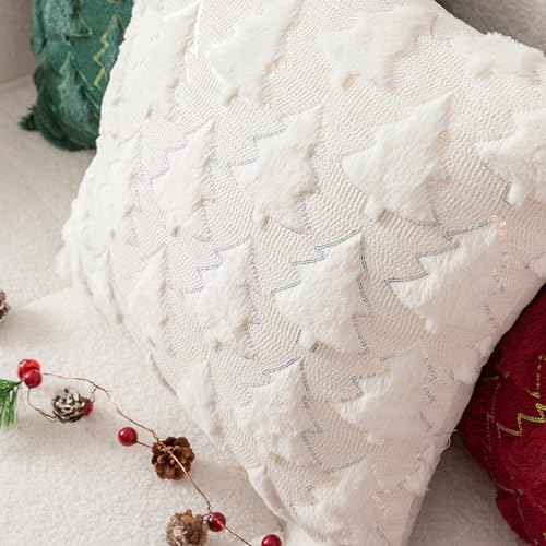 UGASA Christmas Tree Decorative Pillow Covers 18x18 Inch Set of 2 Soft Plush Faux Fur Luxury Sparkling Sequin Pattern Throw Pillows Pillowcases for Couch Sofa Holiday Festivals Home Decor, Cream White