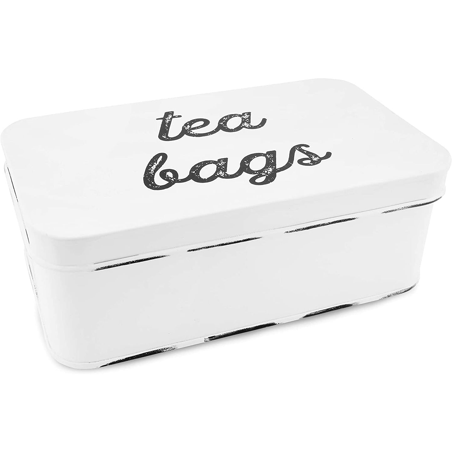 AuldHome Design Farmhouse Tea Bag Box (White), Vintage Retro Style Enamelware Tea Storage Tin