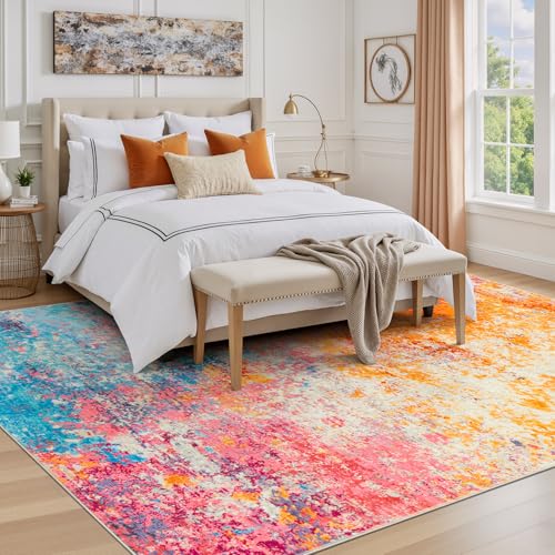 Rainbow Washable Area Rug 5x7 - Soft Non-Slip Living Room Carpet - Colorful