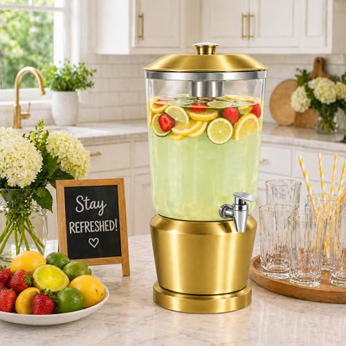 Gold Stainless Steel Drink Dispenser with Ice Chambers, 1.5 Gallons