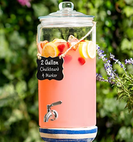 2 Gallon Glass Beverage Dispenser with Stainless Steel Spigot & Chalkboard Marker - Leakproof Drink Server for Parties & Home Use