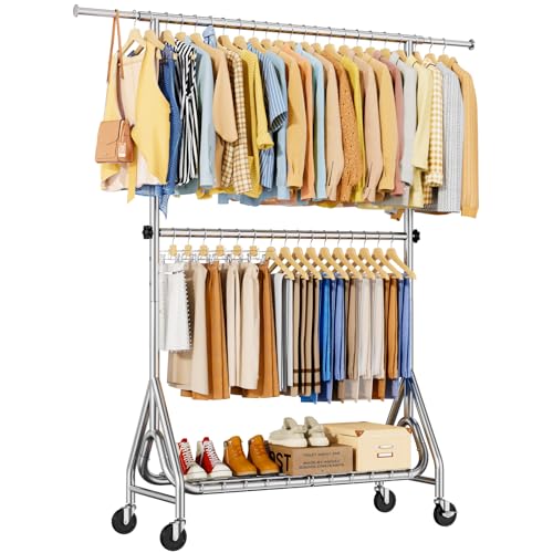 Heavy Duty Clothes Rack with Double Rods, Lockable Wheels, Shelving - Silver, 78 Inch