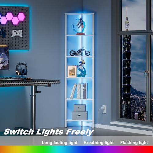 TUTOTAK White 6-Tier Corner Bookshelf with LED Light - Space-Saving Storage