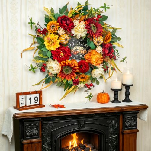 24 Inch Fall Wreath with Pumpkins and Sunflowers - Rustic Autumn Door Decor - NaturaWre Pumpkin Wreath