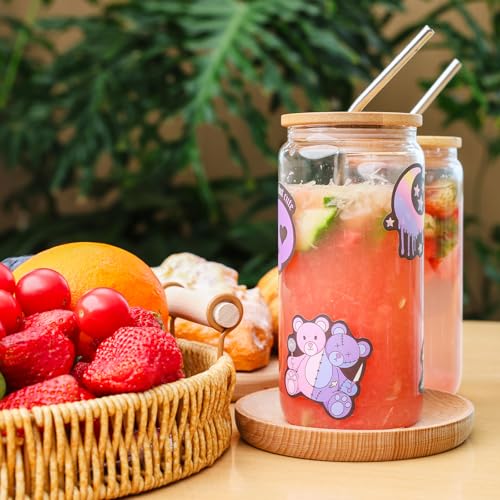 ASKIZ Clear 16Pcs Glass Cups with Bamboo Lids & Straws - 16Oz Ice Coffee & Drinkware Set