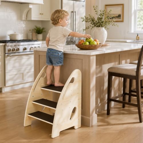 Labebe Wooden 3-Step Toddler Stool for Bathroom & Kitchen Safety
