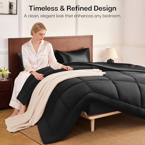 MR&HM Black Queen Reversible Satin Microfiber Comforter Set, All Seasons, 3 Pieces