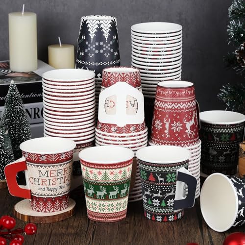 Retro Christmas Disposable Paper Cups with Handles, 100 Pack, Ugly Sweater Pattern, 9 Oz Holiday Drinkware - Variants 100