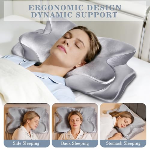 CCidea Silver Grey Cervical Neck Support Pillow with Removable Satin Cover – Ergonomic Memory Foam for Pain Relief & All Sleep Positions