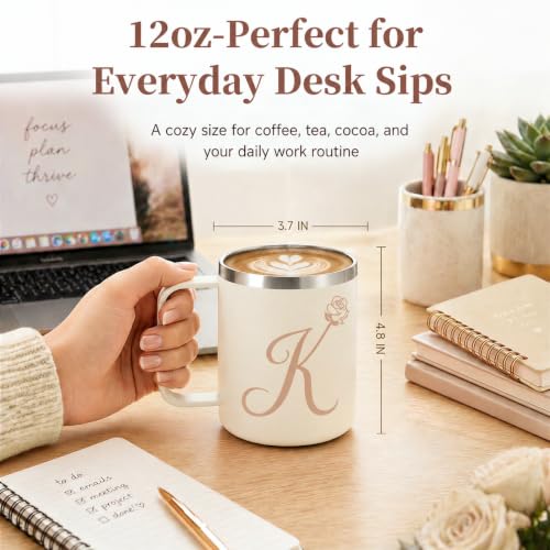 Beige Personalized Monogram K Floral 12oz Insulated Travel Mug with Handle & Lid