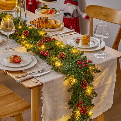 Joiedomi 9 ft Prelit Red Berries Pine Garland with 50 Warm White Lights - Christmas Greenery
