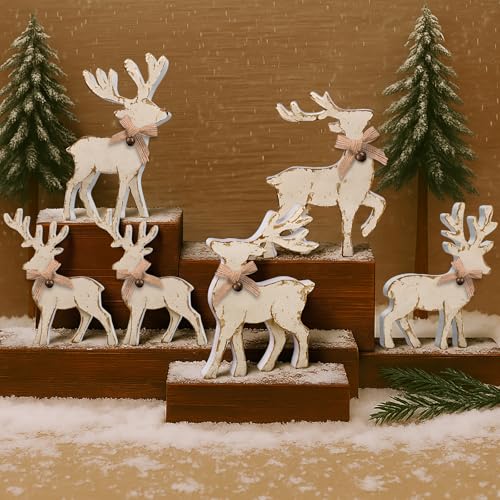 6-Piece Christmas Wooden Reindeer Centerpieces Set with Bowknots – Mantel Tabletop Decor