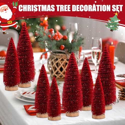 BIJXOYA 9 Pcs Mini Christmas Tree Set - 6/8/10 in with Red Glitter, Wooden Bases