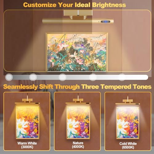 Dimmable Cordless Picture Light with Controller & Timer - 14 Inch Gold Wall Sconce for Artwork & Portraits