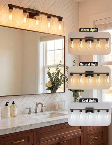 VOLISUN Farmhouse Wood 5-Light Bathroom Vanity Light Fixture, UL Certified