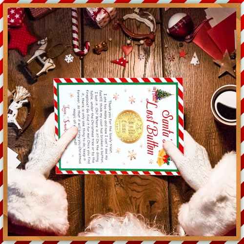 Daifunli Santa's Lost Button Set, Extra Large 1.38 Inch Diameter Alloy Santa Claus Missing Button with 3.9 x 5.91 Inch Express Letter and Red Thread Evidence Kit for Christmas Morning(Gold)