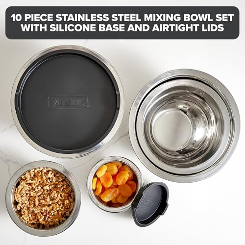 Viking 10-Piece Stainless Steel Mixing Bowls Set with Non-Slip Silicone Base - Black