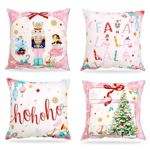 Mocsicka Merry Christmas Nutcracker Pillow Covers 18¡¿18 Inch, Pink Nutcracker Throw Pillow Covers Winter Christmas Holiday Cushion Case for Sofa Couch Bed Home Decorations Set of 4