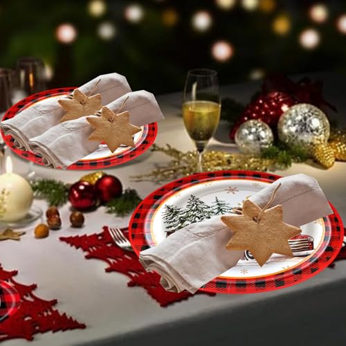 Christmas Paper Plates 24 Pack 9 Inch Rustic Truck & Red Plaid Holiday Dinnerware
