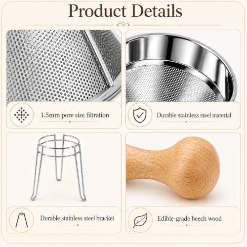 Stainless Steel Chinois Strainer Set with Stand & Pestle for Sauces and Purees
