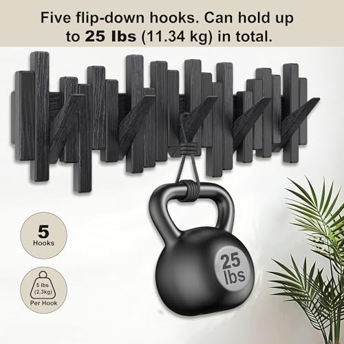 Wall Mount Coat Rack with Flip-Down Hooks - Rustic Oak Finish