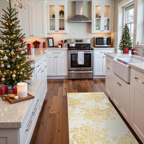 Lahome 2x4 Gold Snowflake Christmas Rug Entryway – Non-Slip, Machine Washable