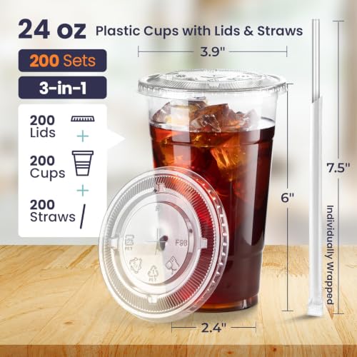 Fit Meal Prep 24 oz Disposable Plastic Coffee Cups with Lids & Straws - 200 Pack