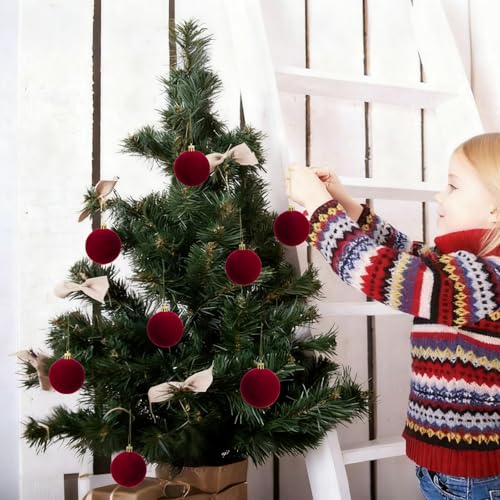 6pcs Velvet Christmas Balls 2.36 Inches Flocked Christmas Hanging Ornaments Ball Red Xmas Tree Velvet Balls for DIY Craft Projects Wedding Christmas Tree Home Decor