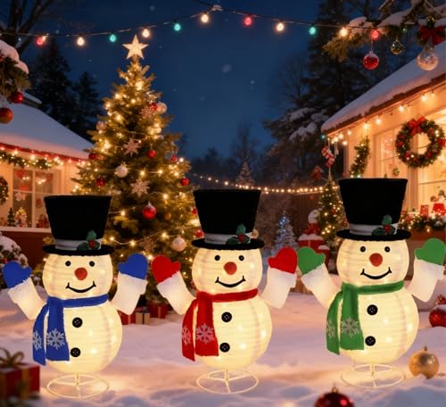 Honoson Lighted Outdoor Snowman Family Set Collapsible Christmas Decorations - 3 pcs