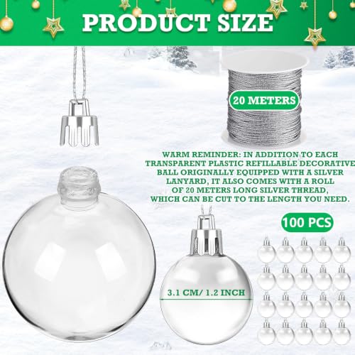 Wettarn 100 Pcs 1.2 Inch Clear Fillable Christmas Ornaments Balls with Silver Rope Set