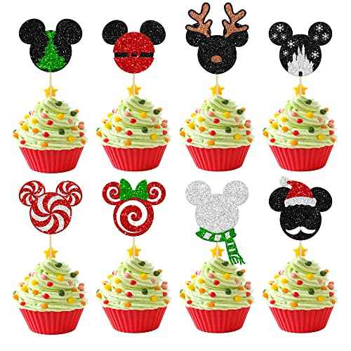 24Pcs Glitter Mini Mouse Inspired Christmas Cupcake Toppers Snowflake Deer Santa Hat Mini Christmas Cupcake Picks Decorations for Merry Christmas Theme Party Supplies
