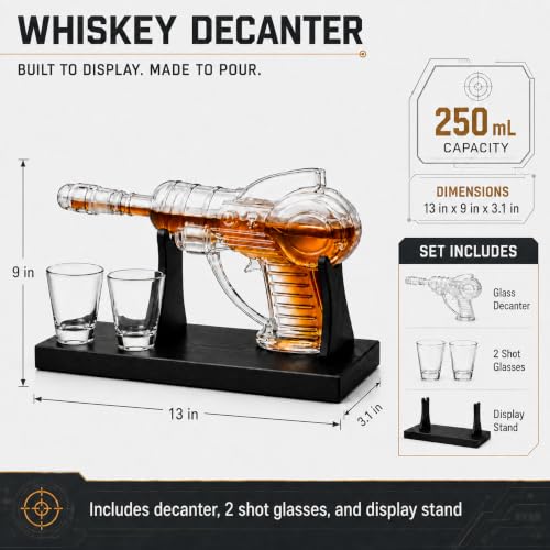 KAAS HAUS Whiskey Decanter Set with Wood Stand & 2 Shot Glasses, Retro Sci-Fi Space Pistol Design, 250mL Gift for Men