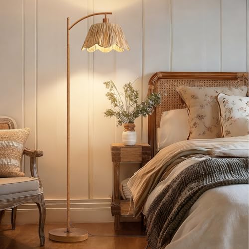 Walnut Oneach Rattan Floor Lamp with Foot Switch - Boho Farmhouse Style