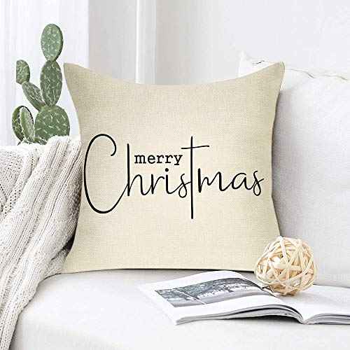 Merry Christmas Throw Pillow Cover, 18" x 18" Inch Decorative Xmas Sign Rustic Cushion Case, Farmhouse Home Winter Decoration Holiday Square Pillowcase Decor for Sofa Couch Cotton Linen