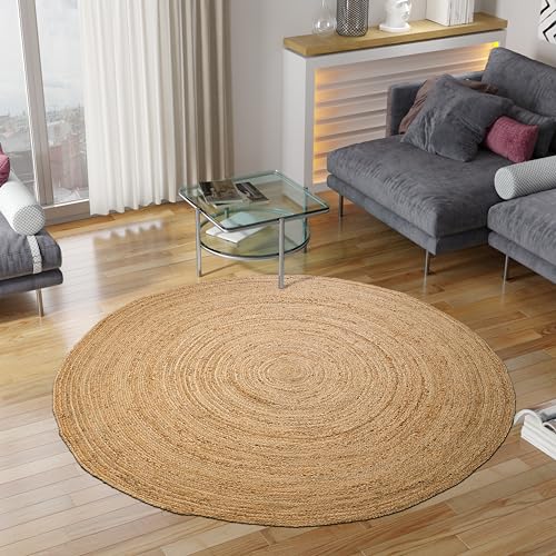 Hausattire 6 Feet Round Natural Jute Braided Area Rug - Handmade, Durable, Reversible