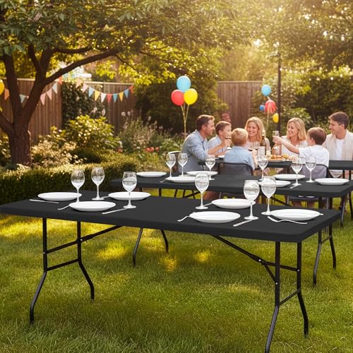 6ft Fitted Tablecloth Rectangle 6-Pack with Elastic Corners - Black, 30x72 Inch